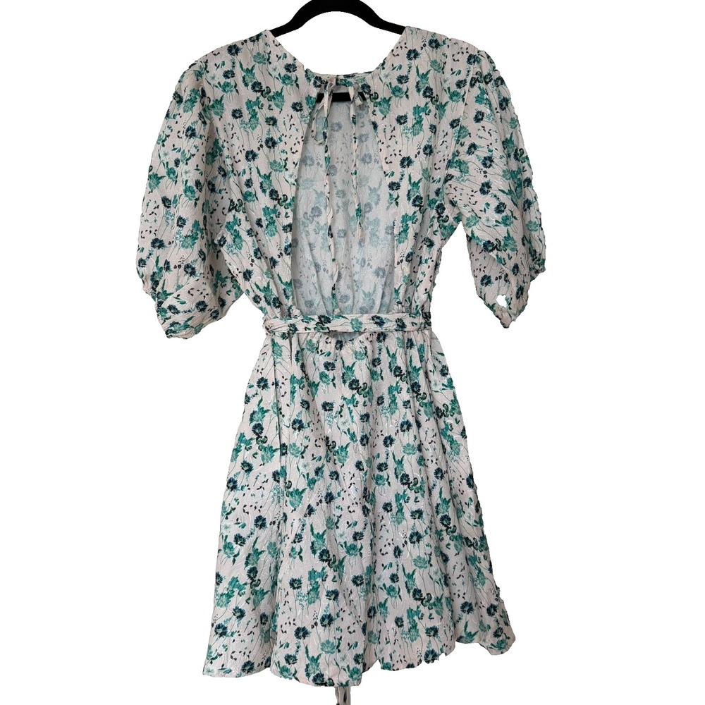 Code x Mode Dress Womens Size M Green Floral‎ Belted Puff Sleeve A-Line Lined